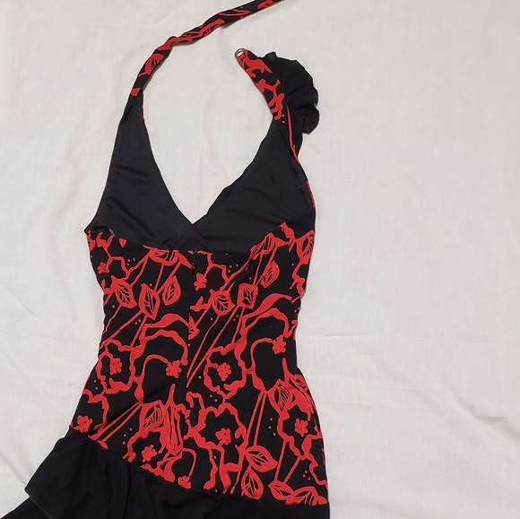 BEBE, Red & Black Asymmetrical Cocktail Dress, XS - Picture 3 of 4